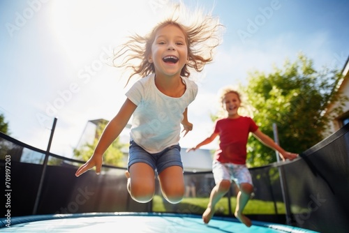 Kids having fun on a trampoline. photo