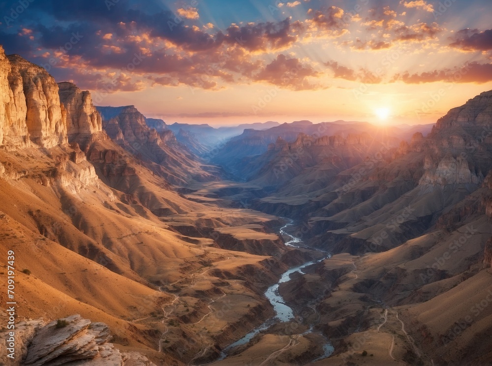 Fantastic landscape. Canyon at sunset. Sunrise in the mountains