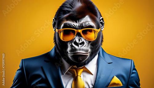Gorilla in business suit with sun shades on yellow background