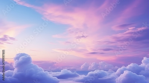 Beautiful lilac pink blue pastel sky background at sunset horizontal banner with copy space