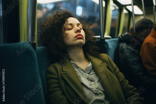 woman sleeping on a train or tram on daily exhausting commute. Problems in big city with long way to work. Public transportation. © Dina