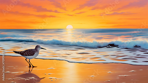 Seagull on the beach at sunset. 3D illustration.