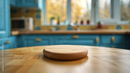 Wooden table + blurred blue kitchen. Image for food blogger, ad campaign, post, banner or billboard. Bg cooking. Background yellow of cooking in modern stylish kitchen. Wooden countertop