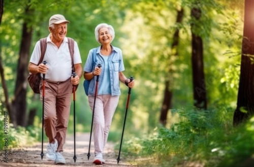 This image of a senior couples leisurely walk in the woods speaks to the timeless appeal of nature embrace and shared quiet moments. Nature Embrace, Quiet Moments concept