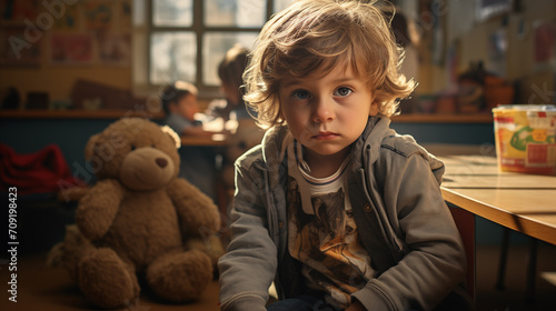 A curly-haired young child with a solemn gaze, seated next to a teddy bear in a classroom setting photo