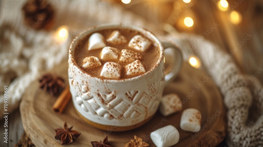 Cozy Hot Chocolate Mug with Marshmallows.
A steaming mug of hot chocolate topped with marshmallows, a cozy winter treat.