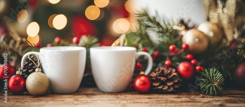Christmas-themed decorations on a table with two blank white cups.