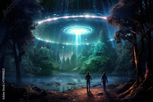 Step into the unknown with this mesmerizing image of a UFO encounter in a mystical forest, sparking imagination and curiosity.