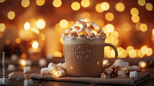 Festive Season Hot Cocoa. A festive mug of hot chocolate with marshmallows captures the spirit of the season.