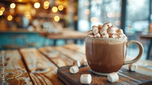 Cozy Hot Chocolate with Marshmallows.
A warm mug of hot chocolate topped with marshmallows on a wooden table with a blurred cafe background. photo