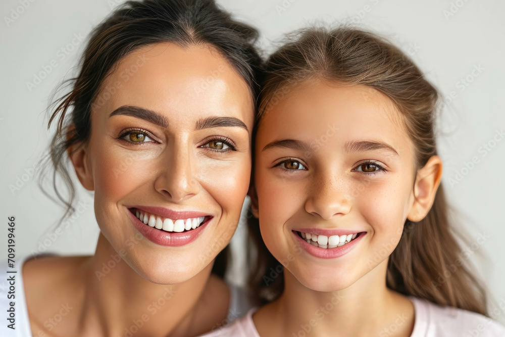 Captivating Duo: Mother and Daughter Grinning in Harmony Captivating Duo: Mother and Daughter Grinning in Harmony