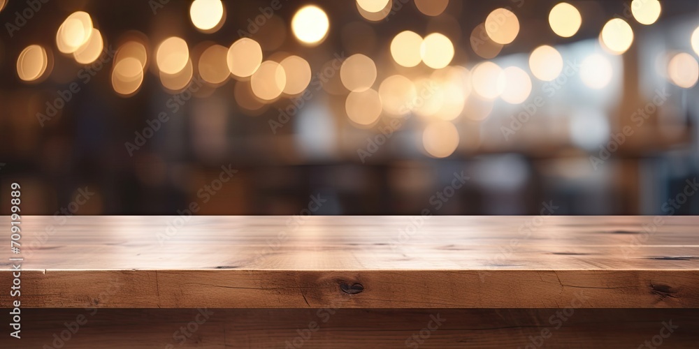 Wooden counter with bokeh light background, serving as a backdrop for displaying products in a retail shop.