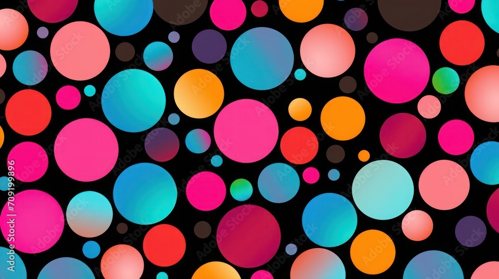 The vibrant dots vary in size and hue, creating a playful and dynamic pattern against the deep black background. The vibrant dots vary in size and hue, creating a playful and dynamic pattern against the deep black background.