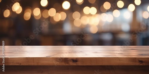 Wooden counter with bokeh light background  serving as a backdrop for displaying products in a retail shop.