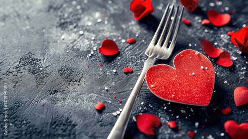 Table setting prepared for Valentine's Day, featuring a romantic theme. The table showcases a heart decoration, a fork