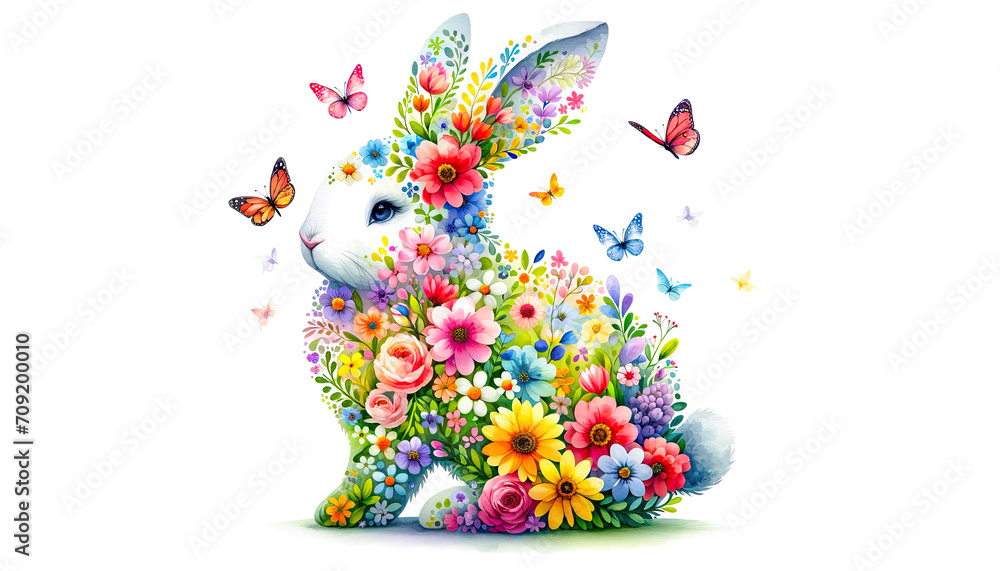 Floral Silhouette Easter Bunny  Composed of Colorful Flowers with Butterflies on a White  Background.