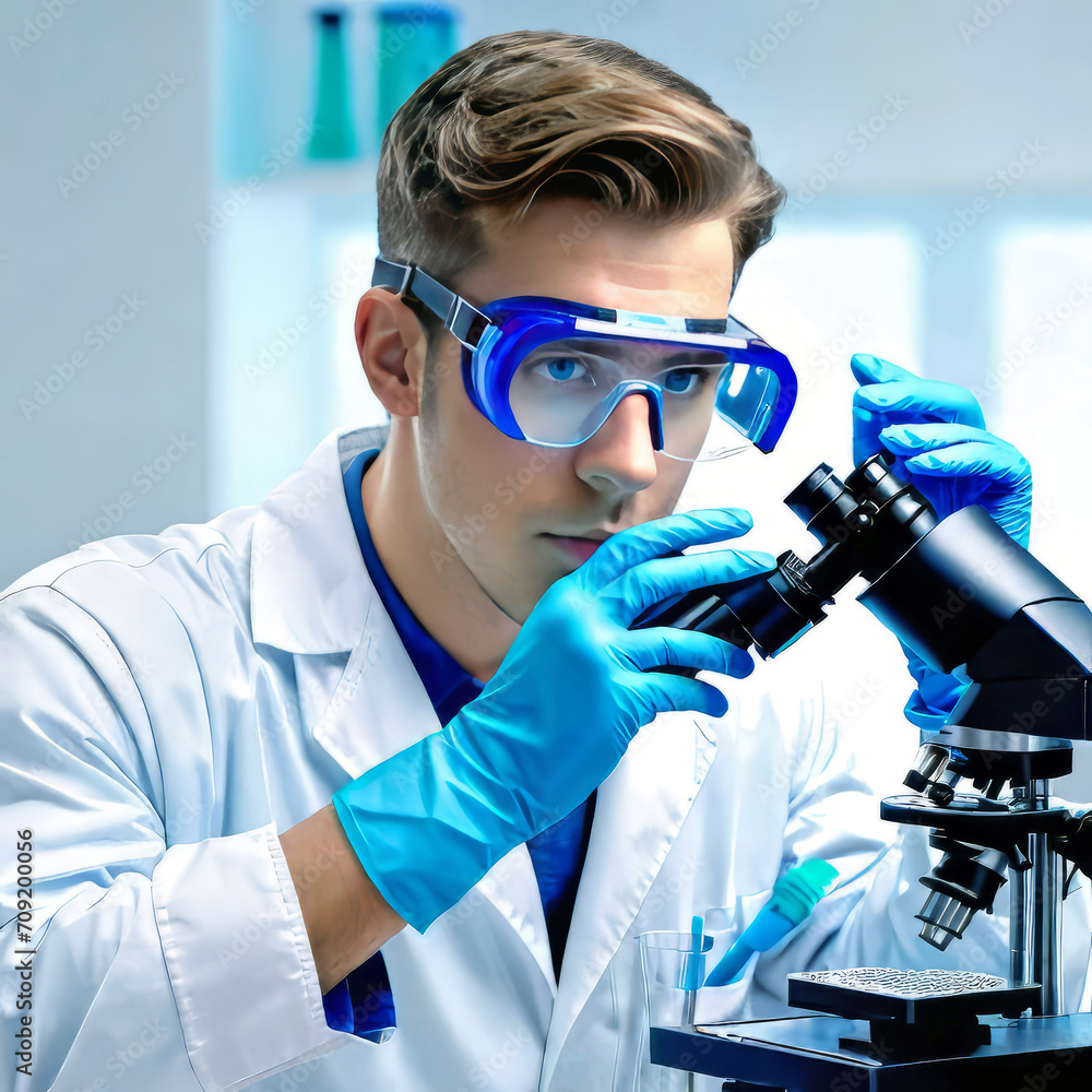 male scientist working in a laboratory wearing safety glasses and medical gloves, a man makes experiments using a microscope and analyzes the result, male scientist working in a laboratory wearing safety glasses and medical gloves, a man makes experiments using a microscope and analyzes the result,