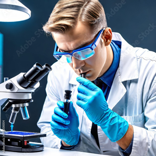 male scientist working in a laboratory wearing safety glasses and medical gloves, a man makes experiments using a microscope and analyzes the result,