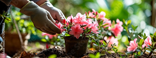 A gardener takes care of azaleas in the garden. Selective focus. photo