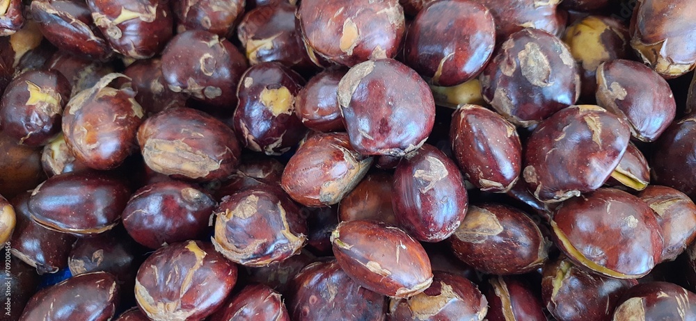 Close up of heap raw jengkol or dogfruit placed on stall of market ready to sold. Jengkol background Close up of heap raw jengkol or dogfruit placed on stall of market ready to sold. Jengkol background