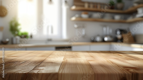 Empty Kitchen counter, beautiful wooden texture of table top. Blur background, modern kitchen interior, dining area. template, mock up for product montage, display or design layout