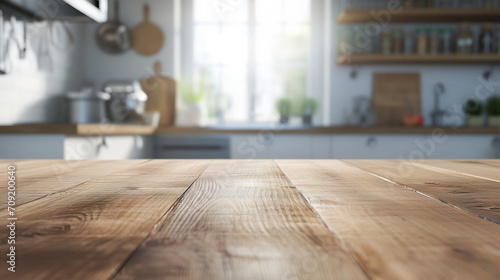 Empty Kitchen counter, beautiful wooden texture of table top. Blur background, modern kitchen interior, dining area. template, mock up for product montage, display or design layout