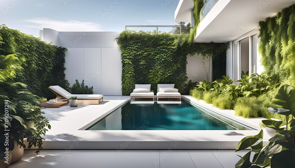 Cozy patio and small pool in a modern white residential building with walls covered with plants, concept of sustainable lifestyle, ecology and green living environment,
