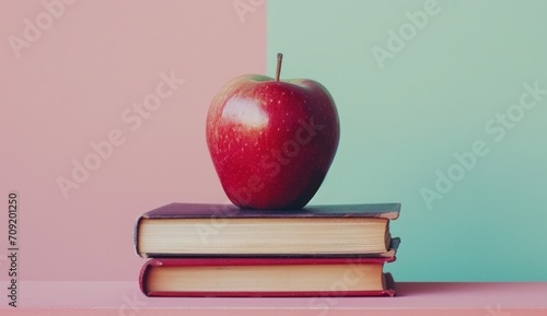 red apple on top of four books with background