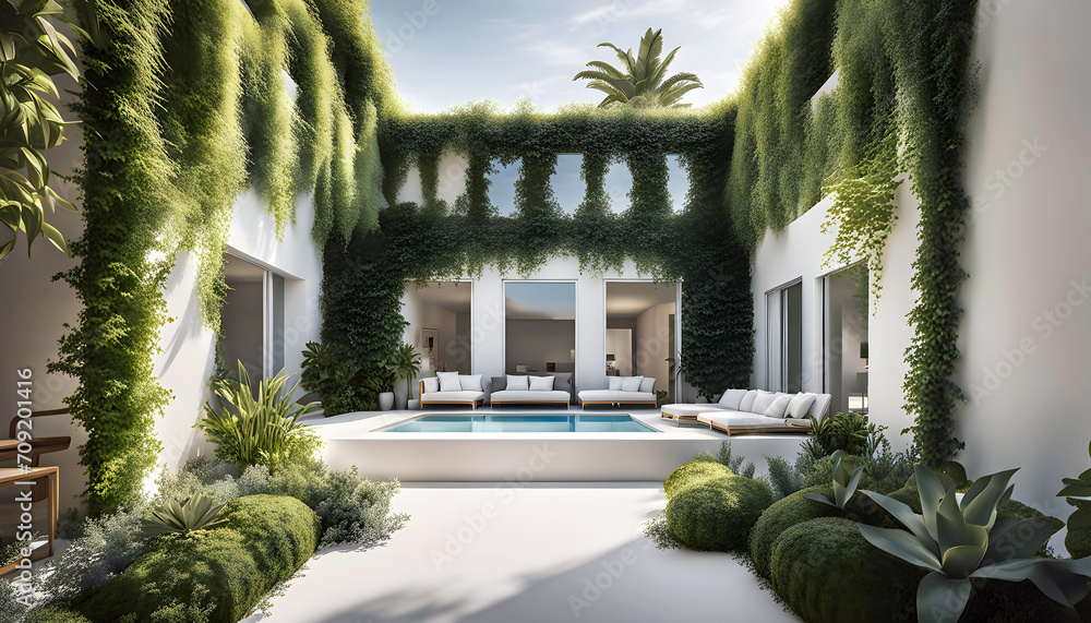 Cozy patio and small pool in a modern white residential building with walls covered with plants, concept of sustainable lifestyle, ecology and green living environment,