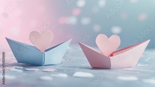 two paper boats with hearts inside the boat