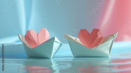 two paper boats with hearts inside the boat