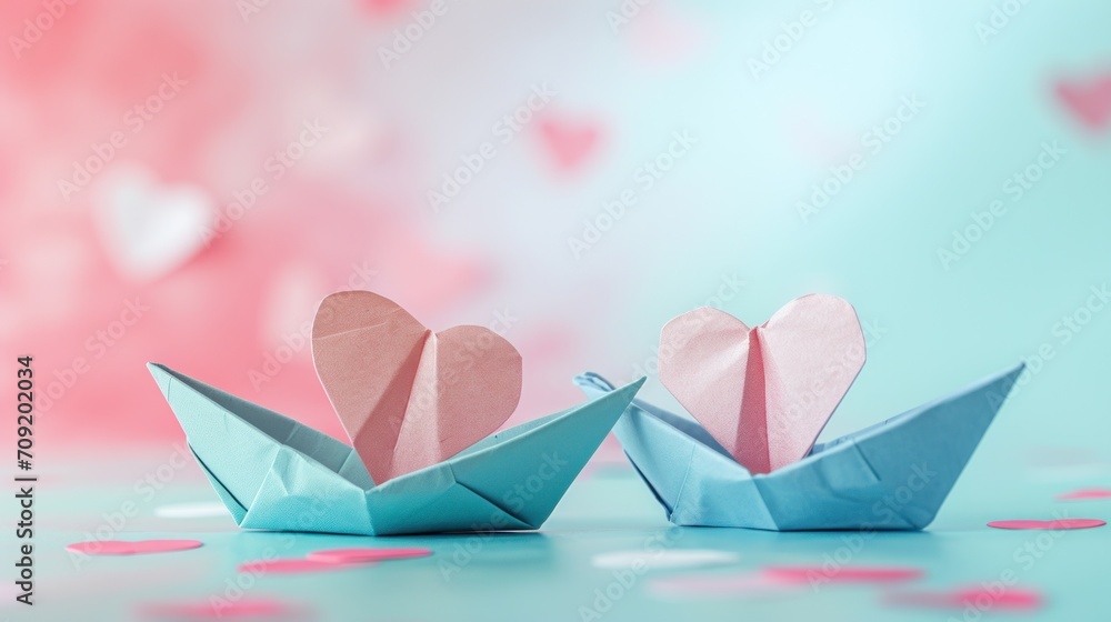 two paper boats with hearts inside the boat two paper boats with hearts inside the boat