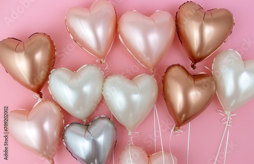 numerous heart shaped foil balloons on pink background