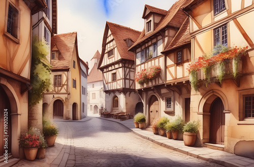 Watercolor urban landscape. An old medieval street in a European town © YuliaBulgakova