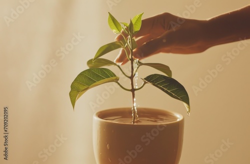 human hand pouring water into a potted plant