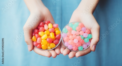 colorful candies are held in the hands of two women