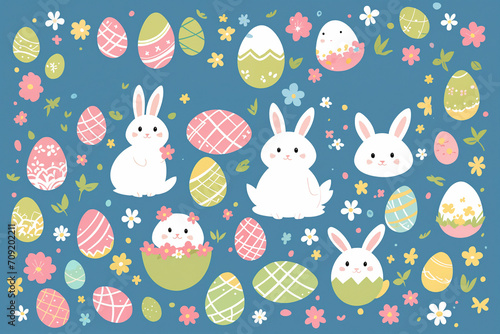 Handmade decorated Easter eggs on blue background. Generative Ai