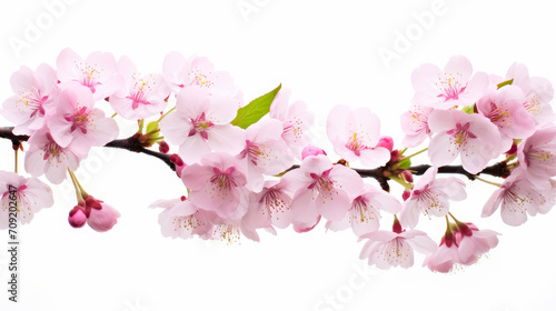 Abstract natural spring background light rosy dark flowers close up. Branch of pink sakura cherry blossom on a white background.