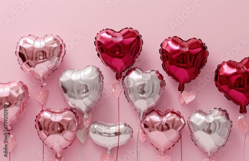numerous heart shaped foil balloons on pink background