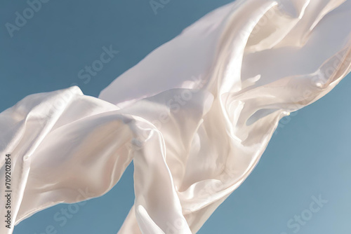 Beautiful white silk cloth floating flying in the air, cloth background. Mock up template for product presentation. 3D rendering. copy text space