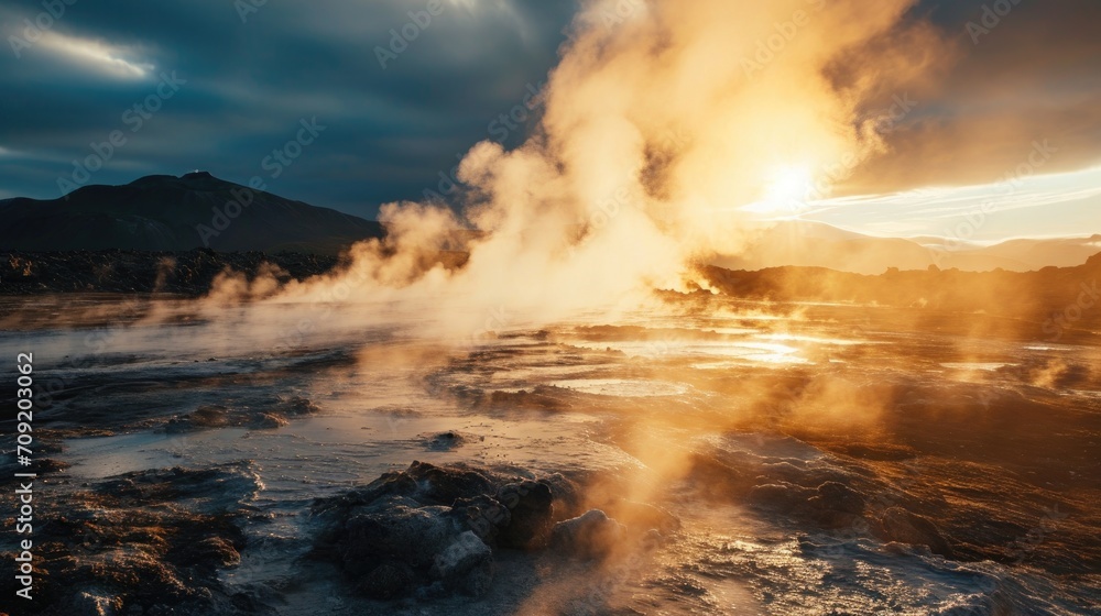 Geothermal zone with steam illuminated by the sun's rays