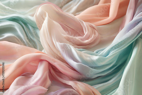 Beautiful silk flowing swirl of pastel gentle calming vibrant colourful light cloth background. Mock up template for product presentation. 3D rendering. copy text space
