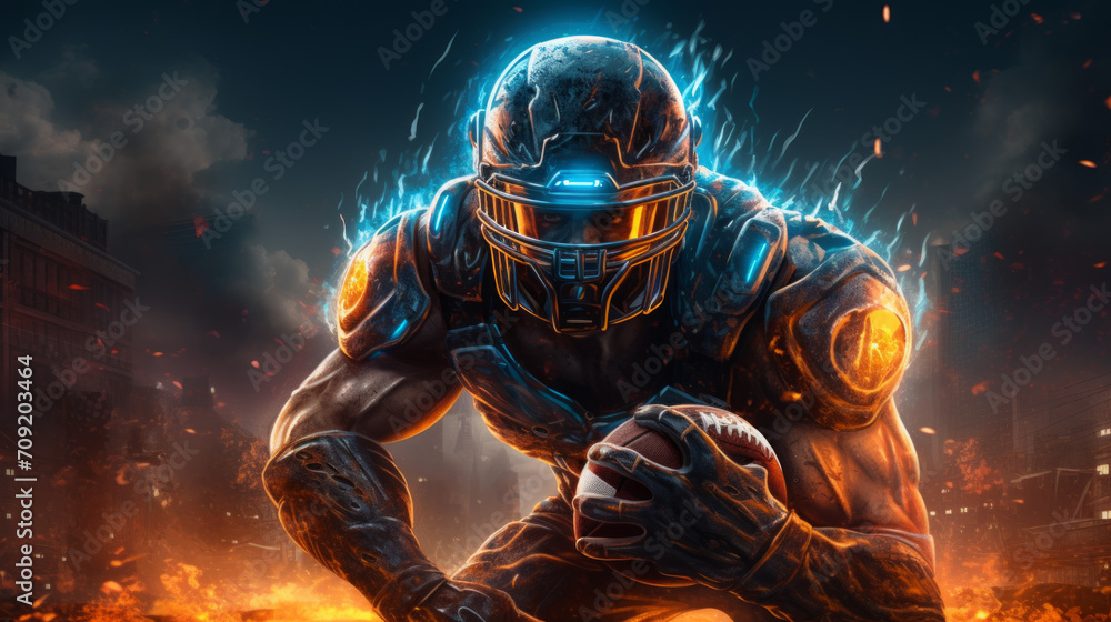 Fototapeta premium A American football player in neon colors syntwave style