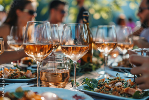 Guests at an outdoor event enjoy a vibrant scene, captured by AI. A diverse group savoring meals, clinking glasses of wine, creating a lively atmosphere under the open sky.