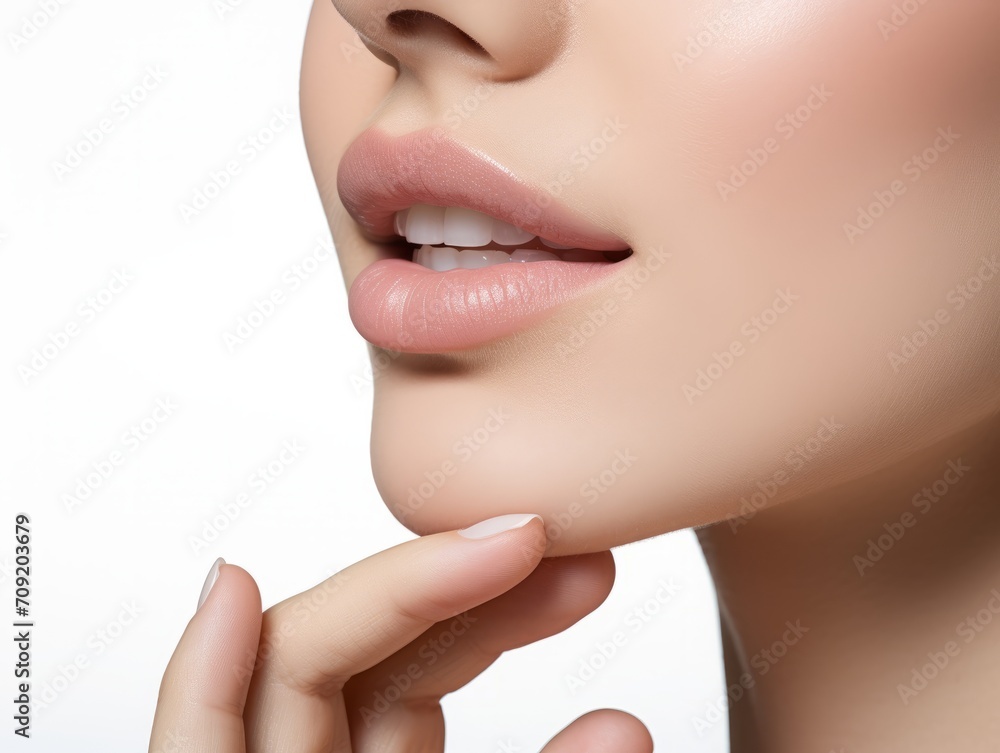 Fototapeta premium Beautiful female lips on white background. Close-up. Perfect skin.
