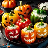 Halloween food idea. Stuffed colorful bell peppers with ricotta cheese for Halloween party