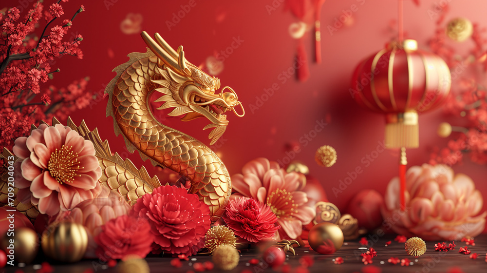 3d rendering illustration background for happy chinese new year 2024 the dragon zodiac sign with red and gold color, flower, lantern, and asian elements. Translation : year of the dragon 2024 