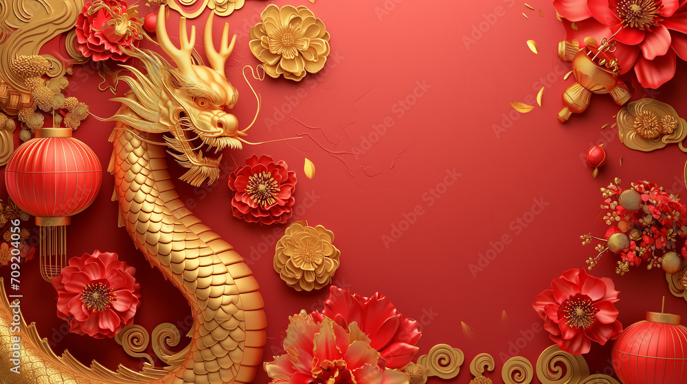 custom made wallpaper toronto digital3d rendering illustration background for happy chinese new year 2024 the dragon zodiac sign with red and gold color, flower, lantern, and asian elements. Translation : year of the dragon 2024 