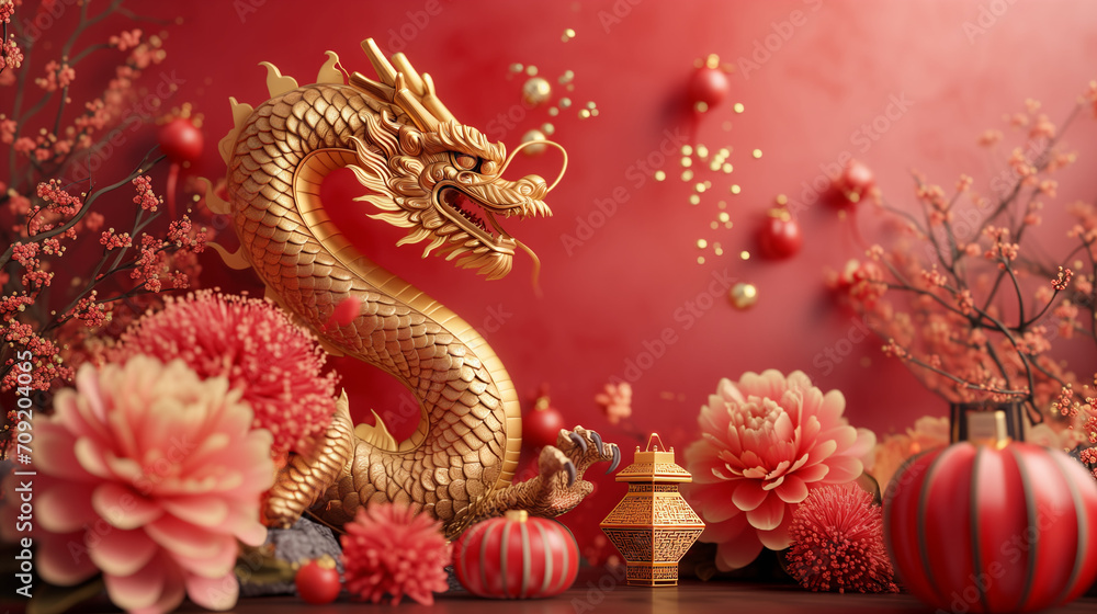 3d rendering illustration background for happy chinese new year 2024 the dragon zodiac sign with red and gold color, flower, lantern, and asian elements. Translation : year of the dragon 2024 3d rendering illustration background for happy chinese new year 2024 the dragon zodiac sign with red and gold color, flower, lantern, and asian elements. Translation : year of the dragon 2024