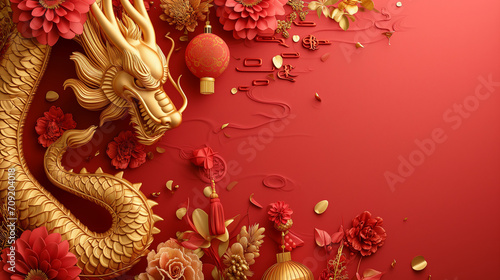3d rendering illustration background for happy chinese new year 2024 the dragon zodiac sign with red and gold color  flower  lantern  and asian elements. Translation   year of the dragon 2024 